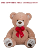 ORSO SEDUTO BEIGE H80CM CON FIOCCO ROSSO  DECAR